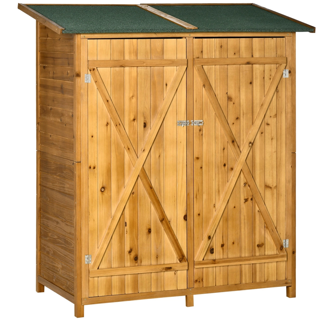 EasyComfort Casetta da Giardino in Legno a 2 Ante con Sgabello Alto a 2 Ripiani e Tetto Idrorepellente, 140x75x157 cm