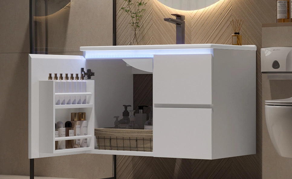 Mobile bagno sospeso 76x46x50 cm in MDF con lavabo in ceramica integrato, due cassetti silenziosi e luci LED a sensore radar, bianco