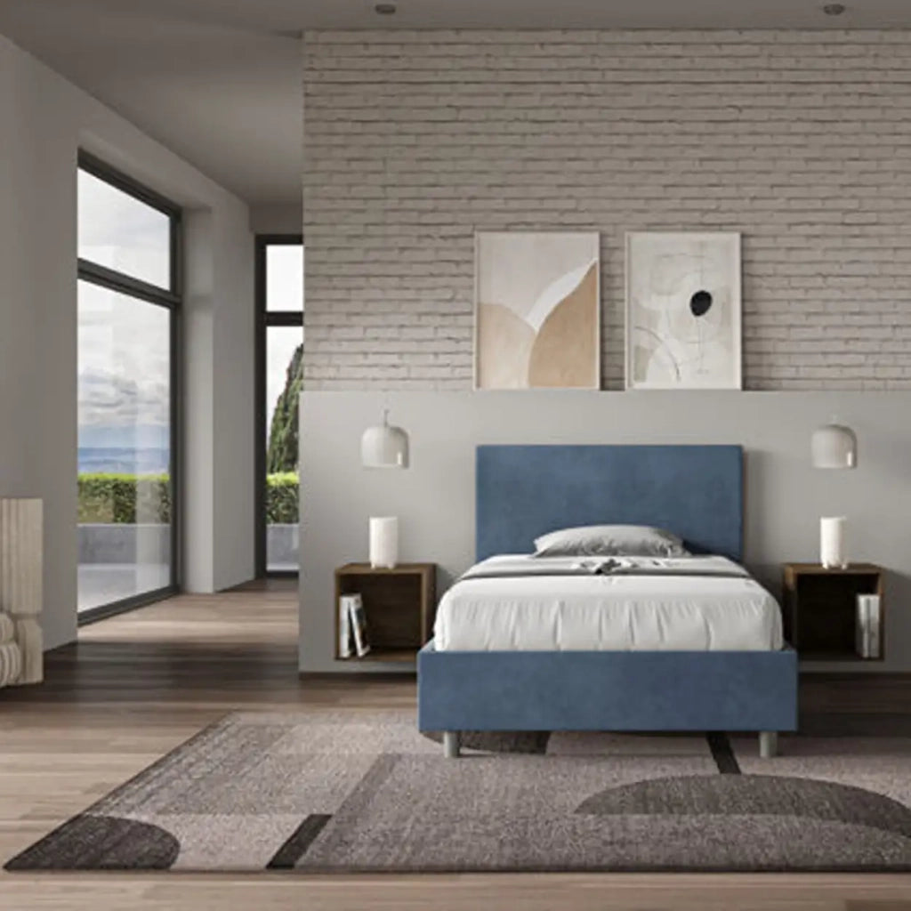 Letto una piazza e mezza con rete imbottito 120x200 microfibra blu Adele