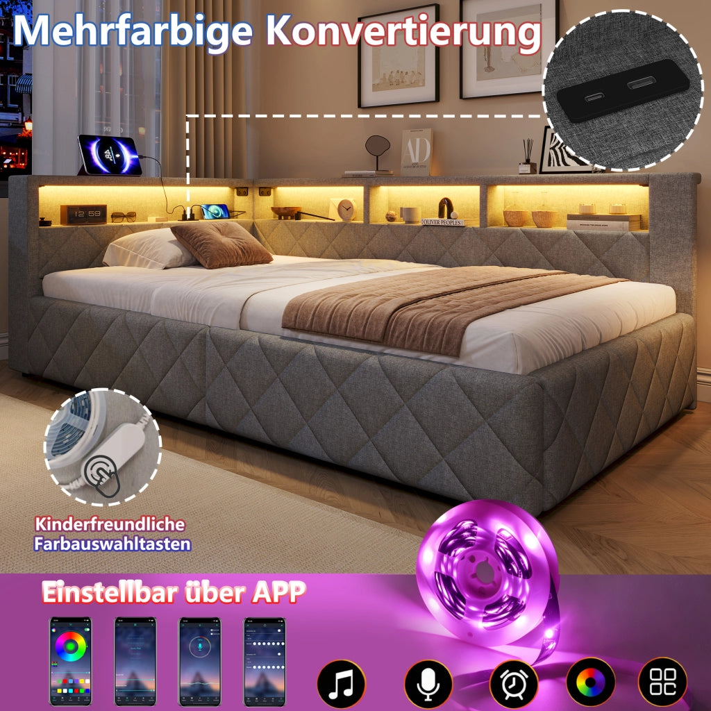 Letto da Giorno 90x200 cm in lino e MDF con Contenitore Idraulico; LED; USB-C Grigio
