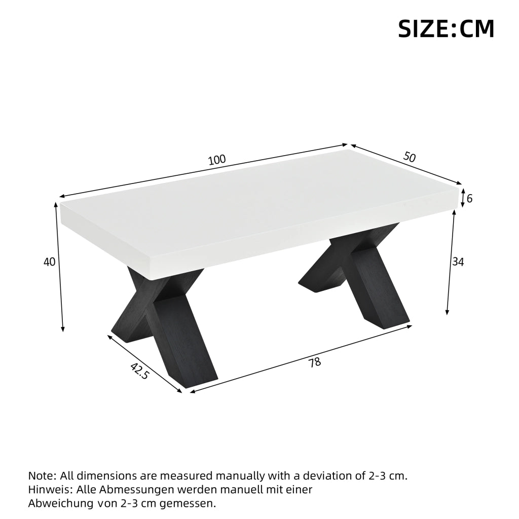 Tavolino basso fisso rettangolare con piano lucido e gambe a X in MDF bianco e nero 100 × 50 × 40 cm