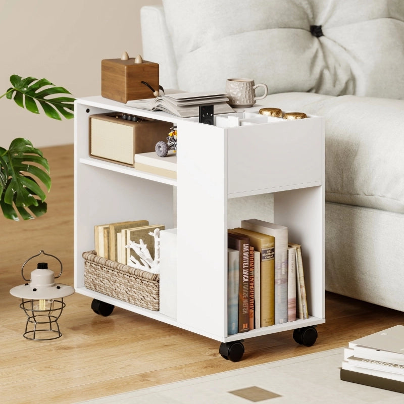 MOBILETTO Portastampante 70 x 34 x 60 cm Bianco in Legno con Ripiani e Ruote