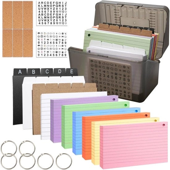 Set di Carte Index 320 Fogli - 240 Flashcard A6 - 50 Carte Vocabolario - 6 Ring per Carte - 15 Distributori di Argomenti - 7 Colori - Superficie Liscia