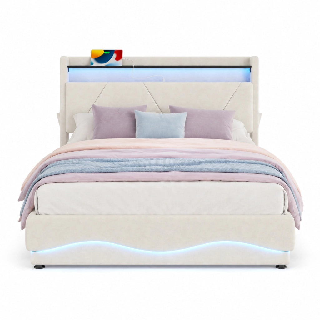 Letto matrimoniale imbottito 140 × 200 cm con contenitore velluto beige LED USB e Type-C testiera con ripiani