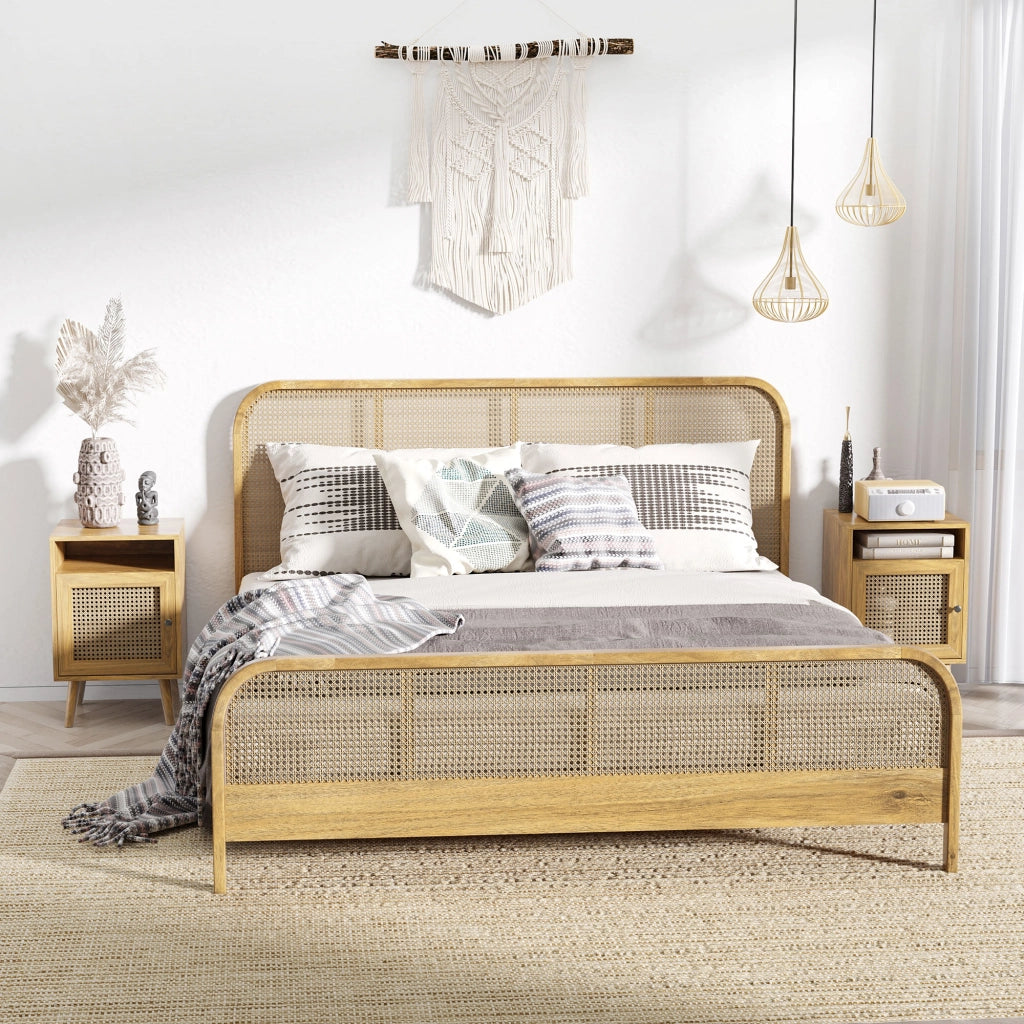 Set 2 comodini in stile boho con armadietto e ripiano aperto in truciolato rattan e MDF pratici e salvaspazio per casa 39x35x60 cm