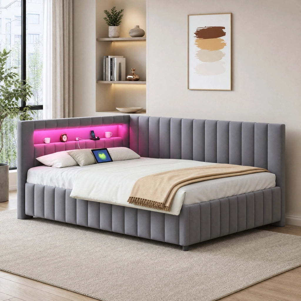 Divano letto 140 × 200 cm a L rivestito in velluto grigio con LED multicolore; USB; testiera e schienale
