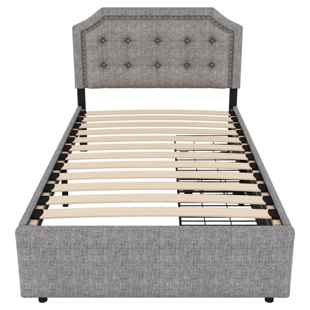 Letto imbottito 90x200 cm con 2 cassetti e testiera regolabile in MDF grigio