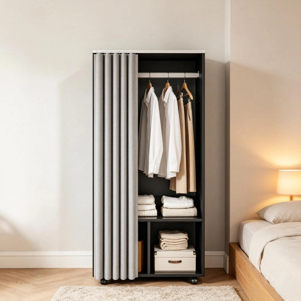 Guardaroba mobile con struttura in truciolato e tenda in tessuto opaco, 60x40x128 cm, nero e grigio