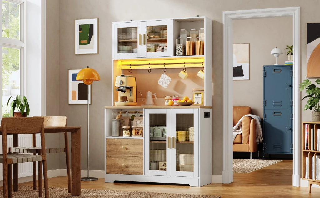 Armadio da cucina 178 cm, colonna con LED e presa, vetrina porte vetro temperato, cantinetta vino, bianco effetto legno piano rinforzato