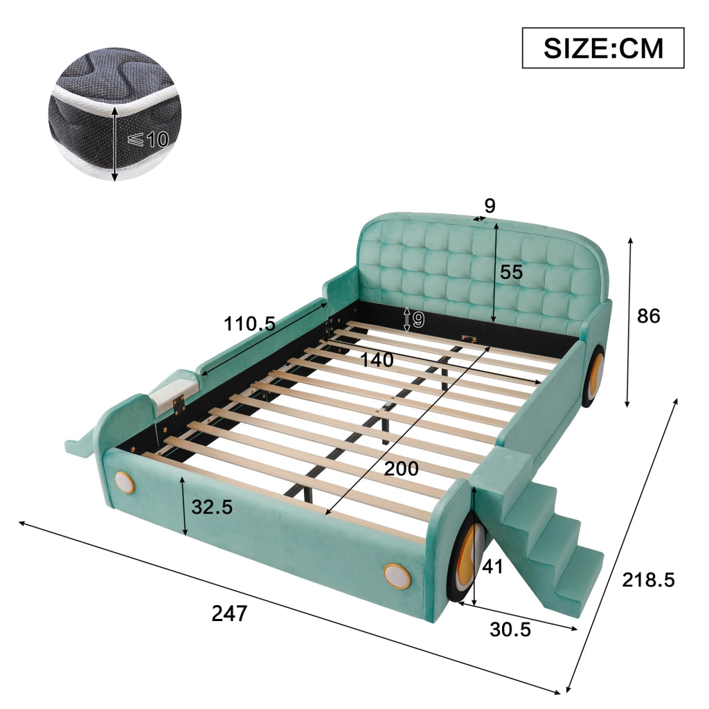 Letto per bambini a forma di auto 140 × 200 cm con scivolo e scaletta imbottito in velluto blu-verde
