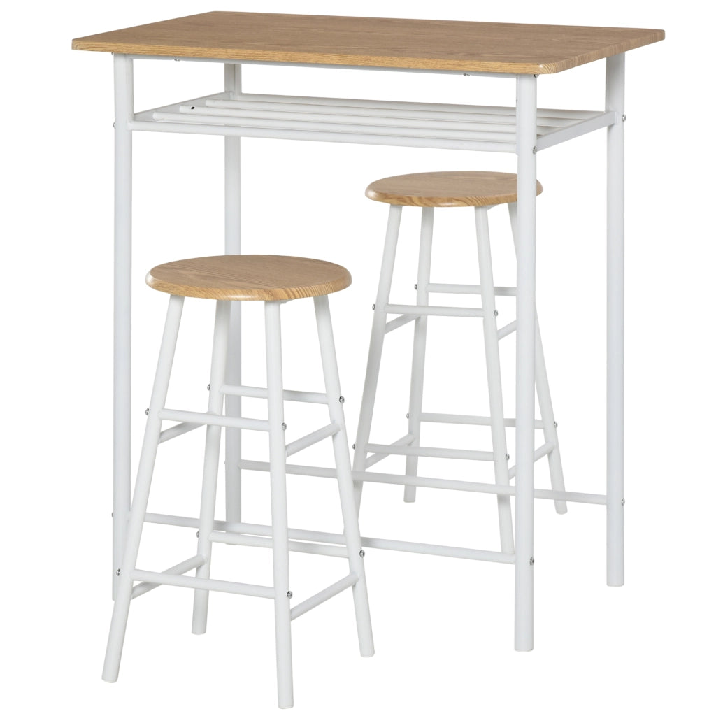 Set tavolo da bar con 2 sgabelli, struttura in metallo e pannello MDF bianco, salvaspazio