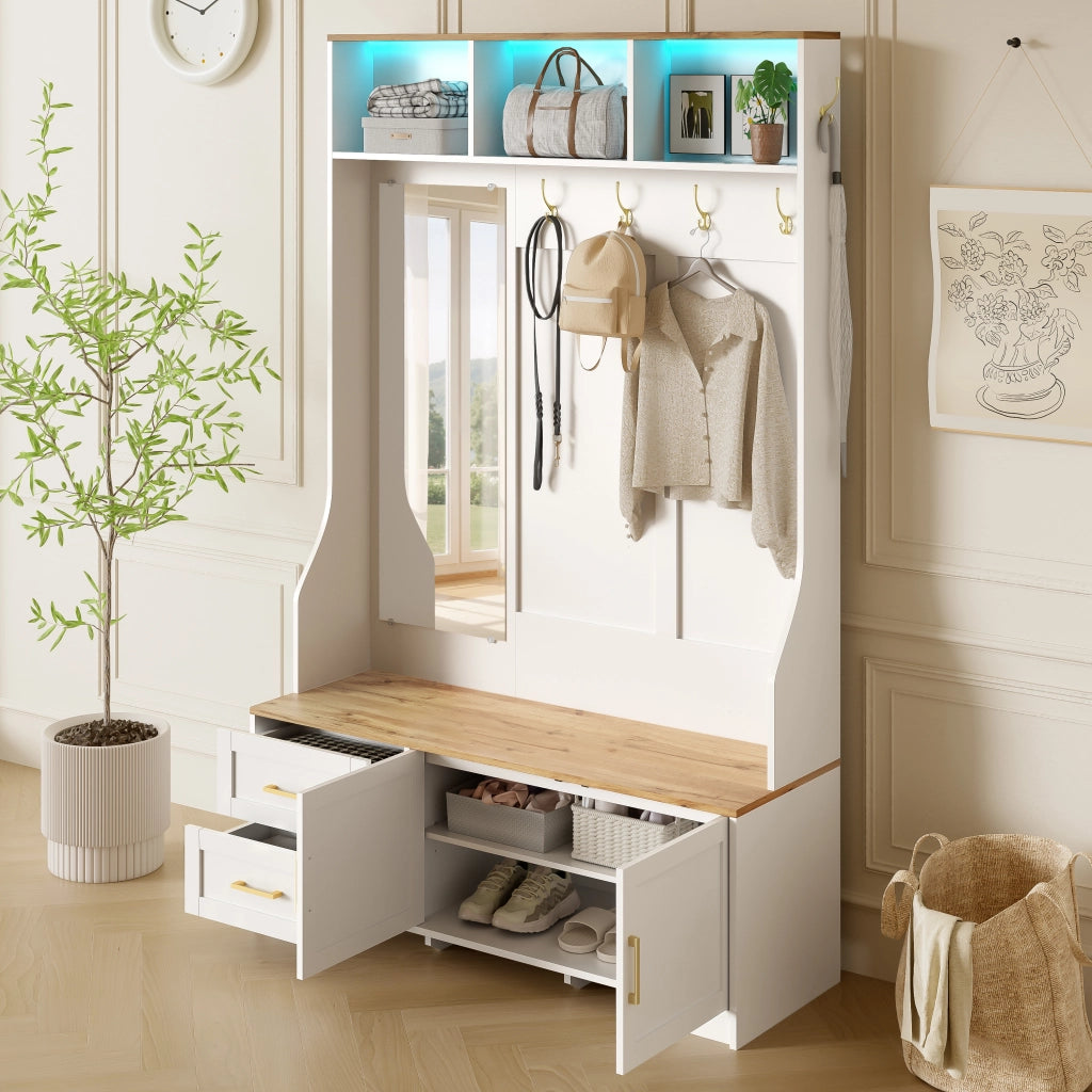 Guardaroba da ingresso con LED a 16 colori; specchio; ganci; cassetti e seduta in MDF 120 × 40 × 187 cm