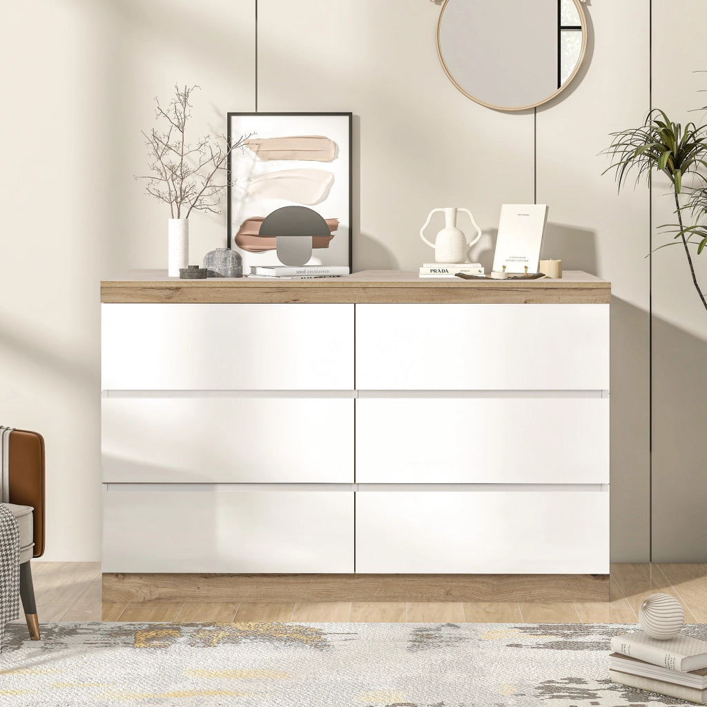 Cassettiera con 6 cassetti e vano chiuso, per camera da letto e soggiorno, bianco e rovere, 110 × 40 × 67.5 cm