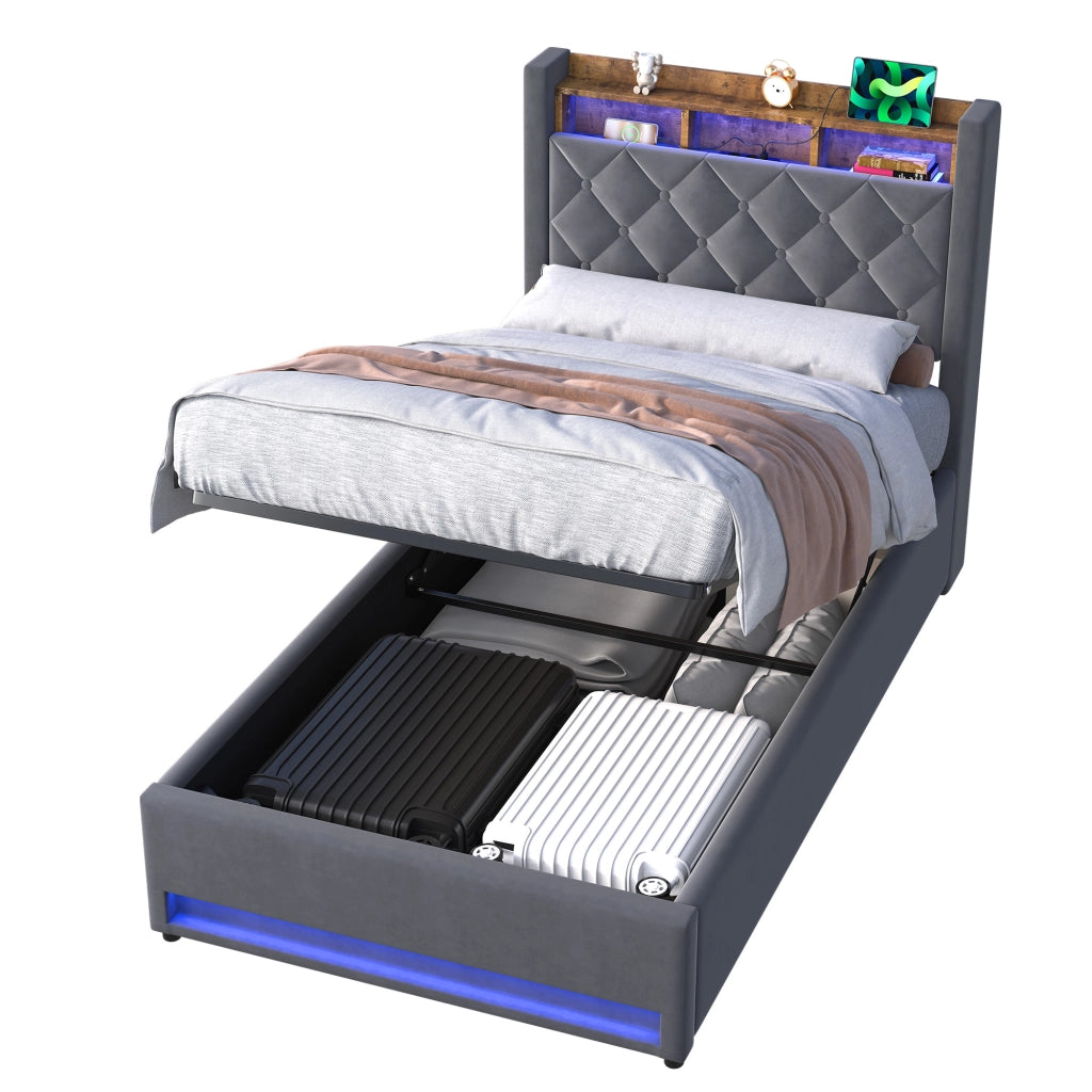 Letto Imbottito con Contenitore 90x190 cm Grigio in Velluto con LED e Porte USB
