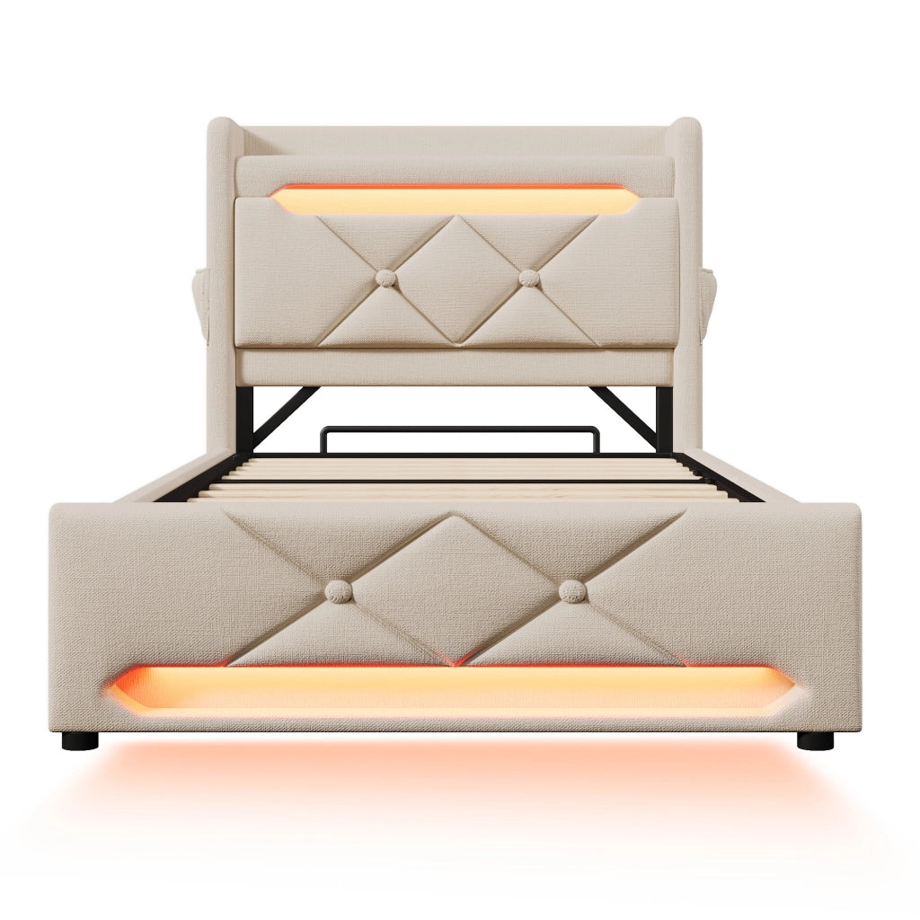 Letto contenitore singolo 90×200 cm con testiera; USB; Type C e LED; materasso incluso; lino; beige