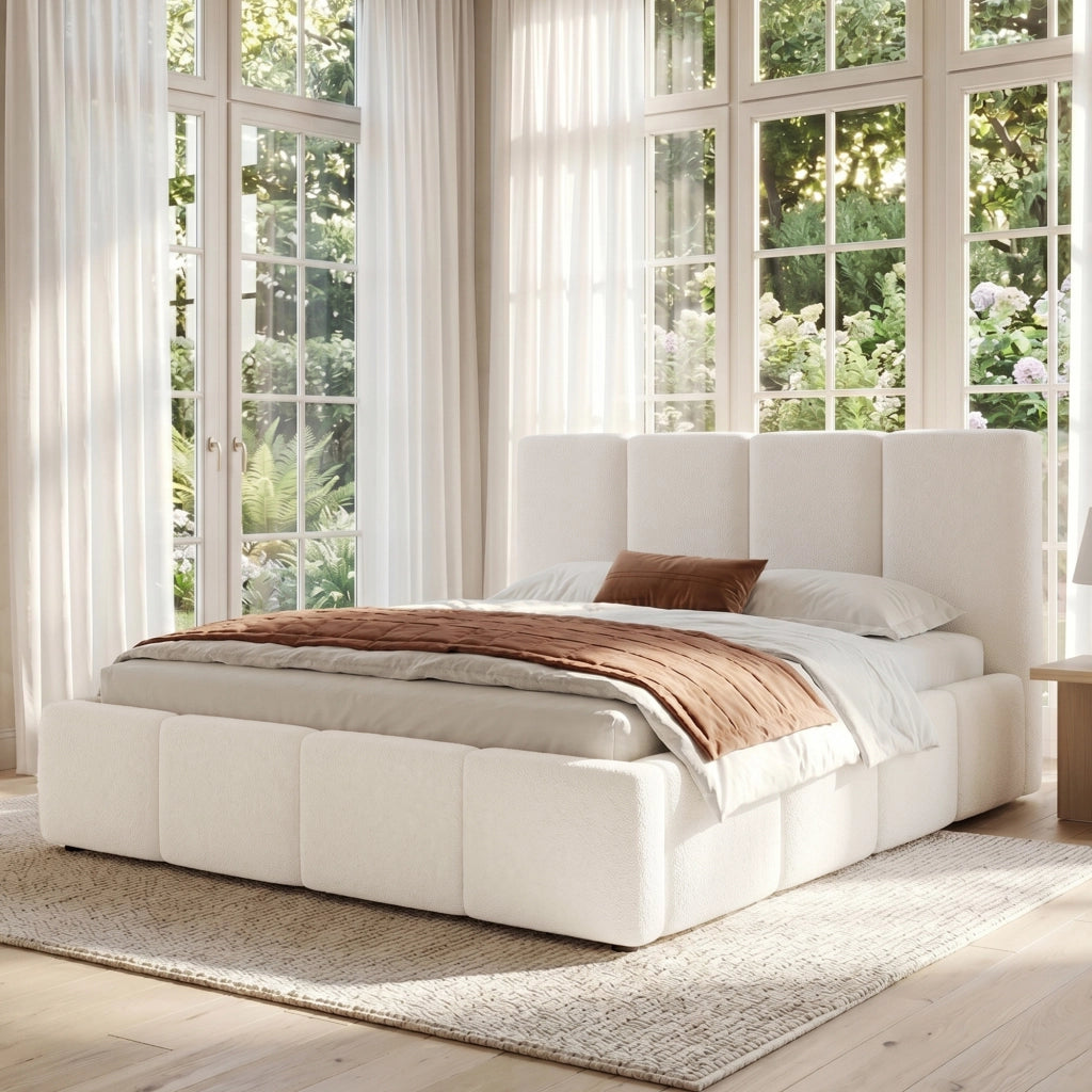 Letto imbottito 180 x 200 cm con testiera 11 cm e rete a doghe, letto matrimoniale in boucl¨¦ beige, design a linee verticali