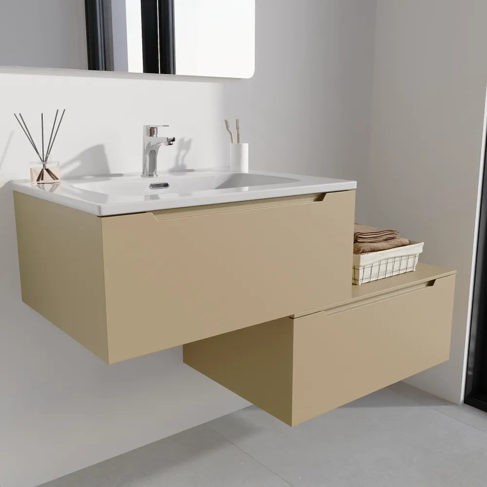 Mobile bagno sospeso modulare 80 cm sabbia opaco due cassetti con lavabo | Bako