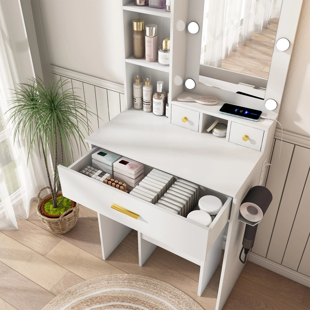 Set da toeletta con sgabello imbottito, specchio a LED, presa di corrente e cassetto, bianco