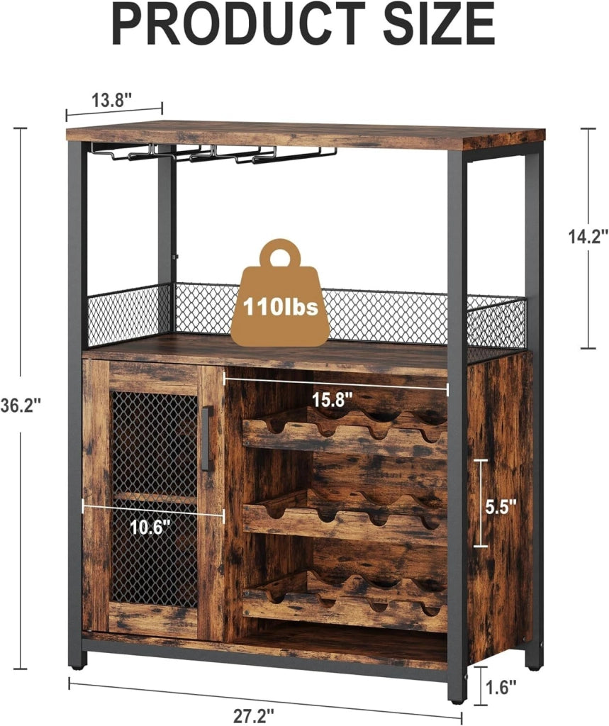 Mobile Bar Cantinetta in Legno con Luci LED Porta Calici e Portabottiglie Marrone Rustico 72x35x90cm