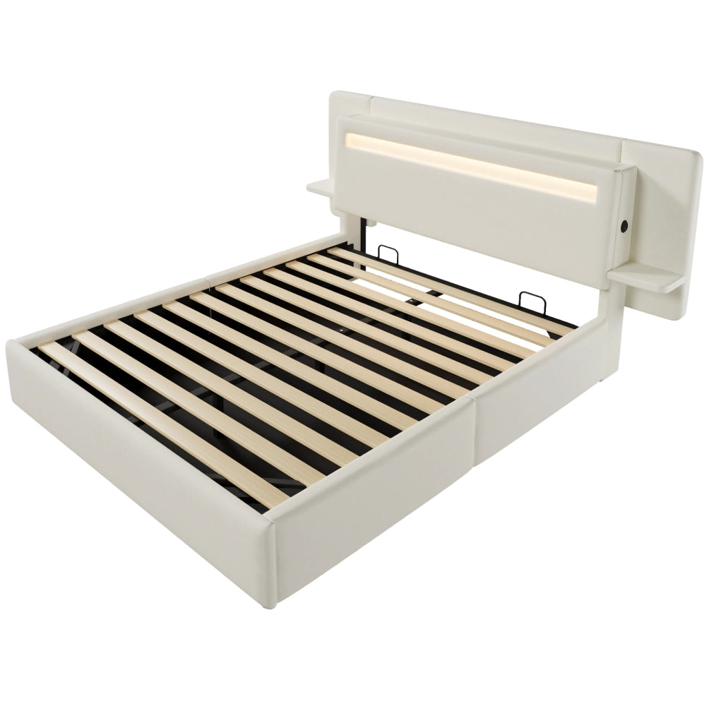 Letto imbottito ULEVR 140x200 cm con contenitore idraulico, LED multicolore, comodino integrato e USB beige