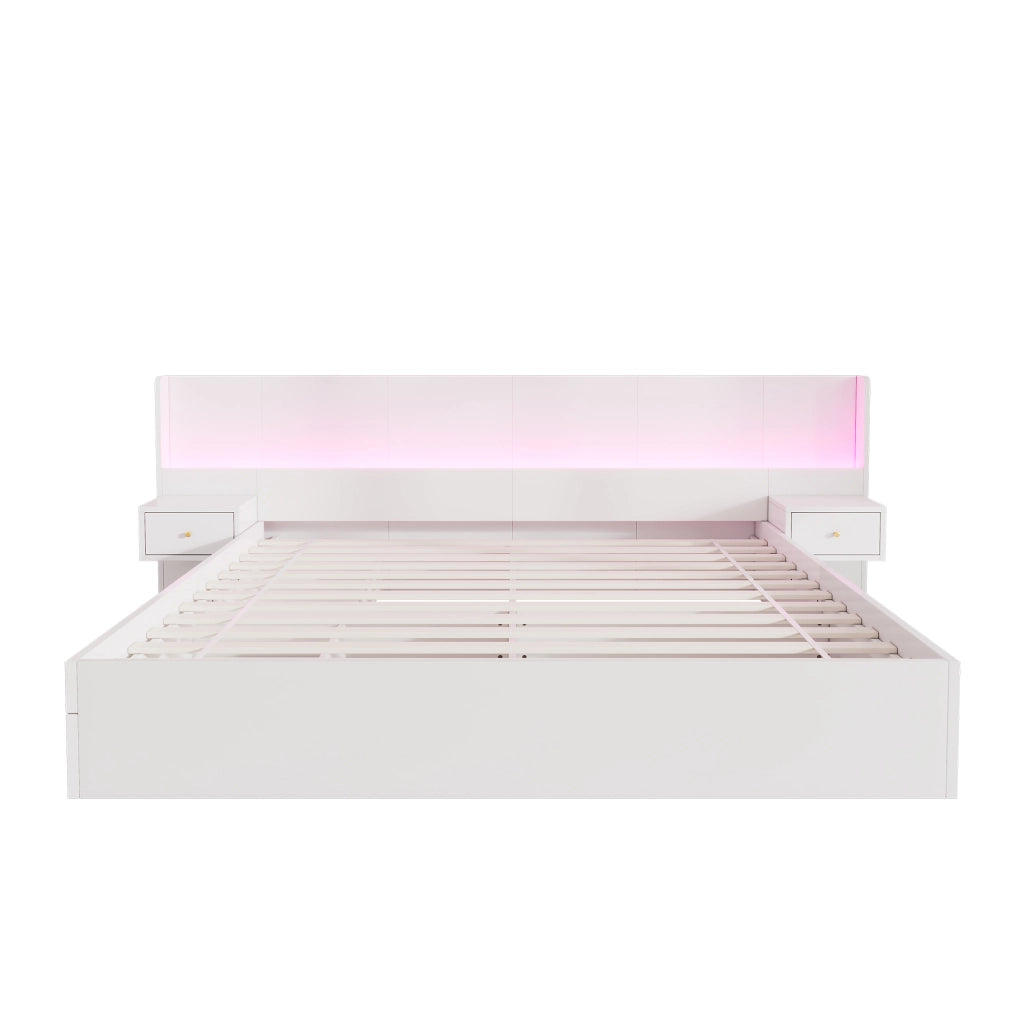 Letto matrimoniale 180 × 200 cm con LED; prese e USB; due comodini e cassetti; in MDF bianco; senza materasso