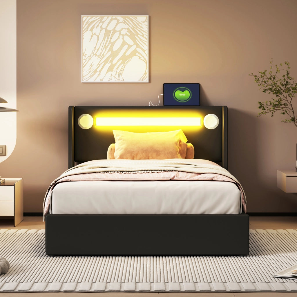 Letto imbottito per bambini 90x200 cm con LED; Bluetooth e vano contenitore