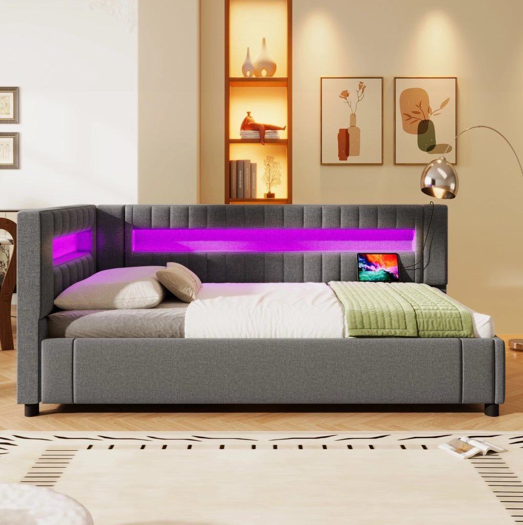 Daybett 90x200 cm in Leinen und MDF mit LED-Lichtleiste, hydraulischem Stauraum, USB + Type-C, Grau