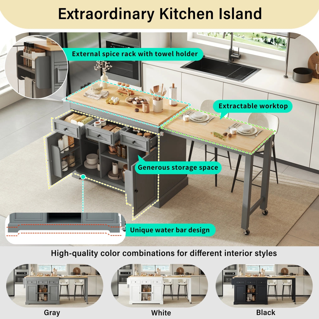 Mobile da cucina con piano estraibile laterale; 3 cassetti e ripiani regolabili grigio 112–188 × 45 × 92 cm