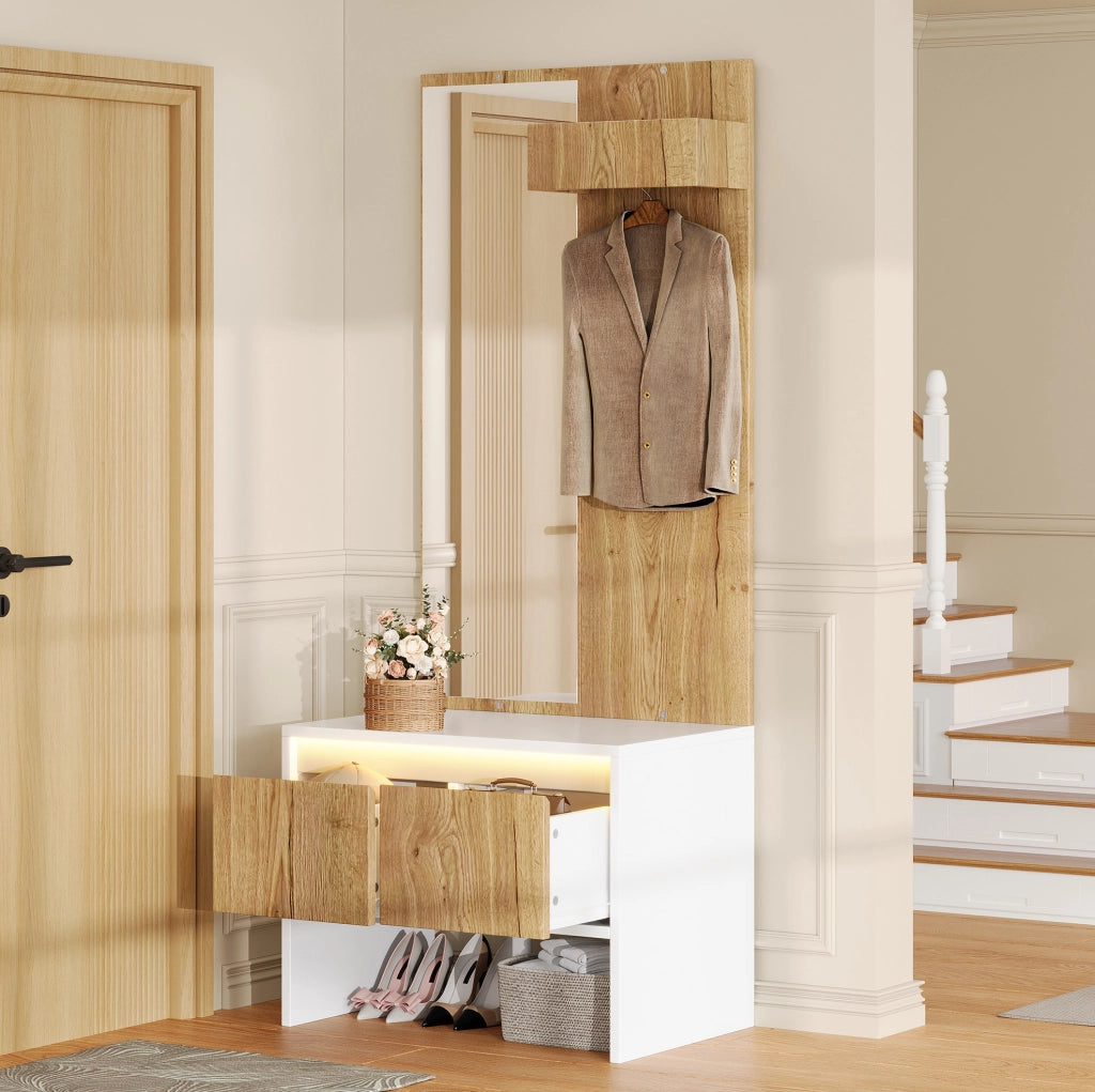 Set guardaroba con appendiabiti, specchio, panca porta scarpe e 2 cassetti, bianco e naturale, 60×38×145 cm