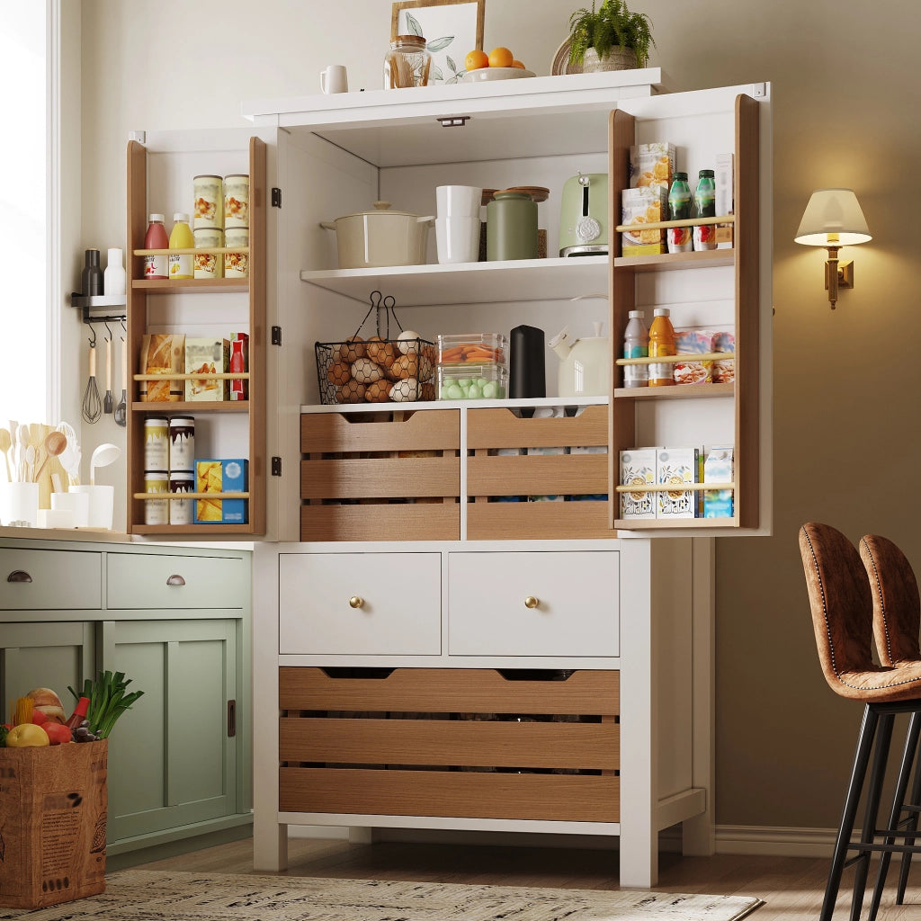 Mobile colonna da cucina con due ante; cinque cassetti e ripiani fissi in MDF e PB bianco 80 × 40 × 140 cm