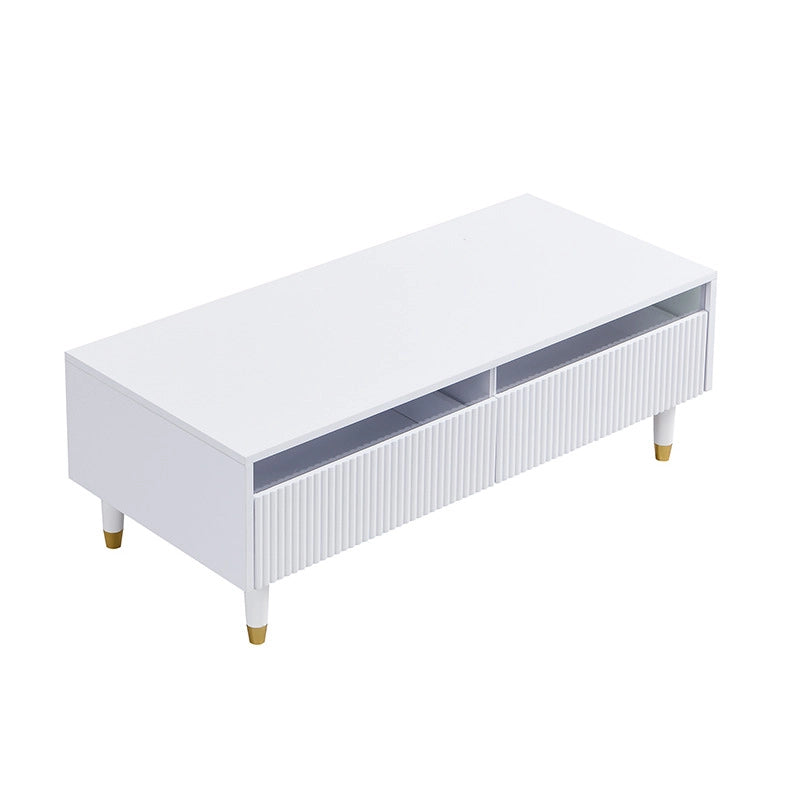 Tavolino da salotto moderno con illuminazione LED colorata, doppio cassetto e gambe in legno bianco e oro 110x50x40 cm