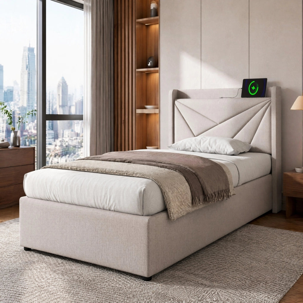Letto singolo con contenitore 90x200 cm; testiera con USB e Type-C; beige