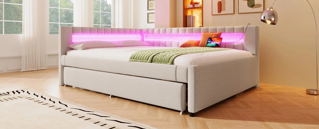 Letto Daybett in Lino Beige 140x200 cm con Letto Estraibile, Striscia LED a Telecomando, USB e Type-C