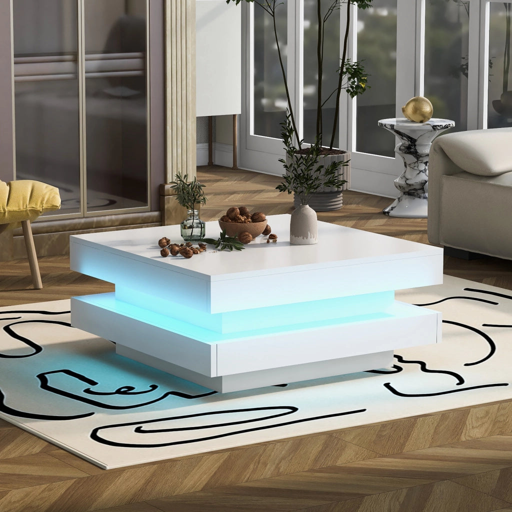 Tavolino da caffè quadrato con illuminazione LED Bluetooth USB; finitura lucida; in pannelli di particelle; bianco; 70 × 70 × 36 cm
