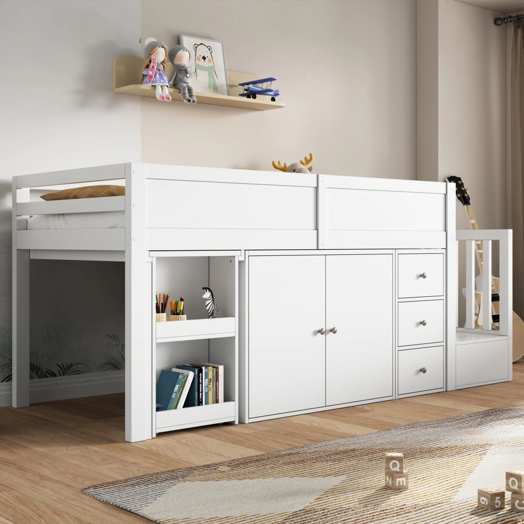 Letto a soppalco 90 ¡Á 200 cm con scrivania scala contenitore armadio cassetti e barriera in legno e MDF bianco