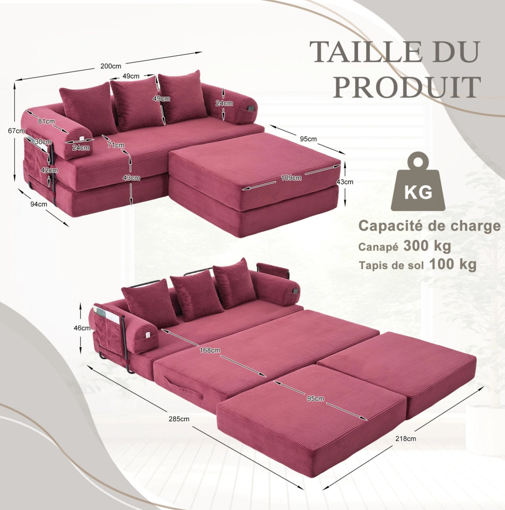 Divano modulare con pouf in velluto a coste; struttura in metallo e tasca laterale; rosso vino