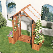 Vaso da giardino in legno massiccio di abete con pergola e tettoia in policarbonato, colore marrone, 163x142x70 cm