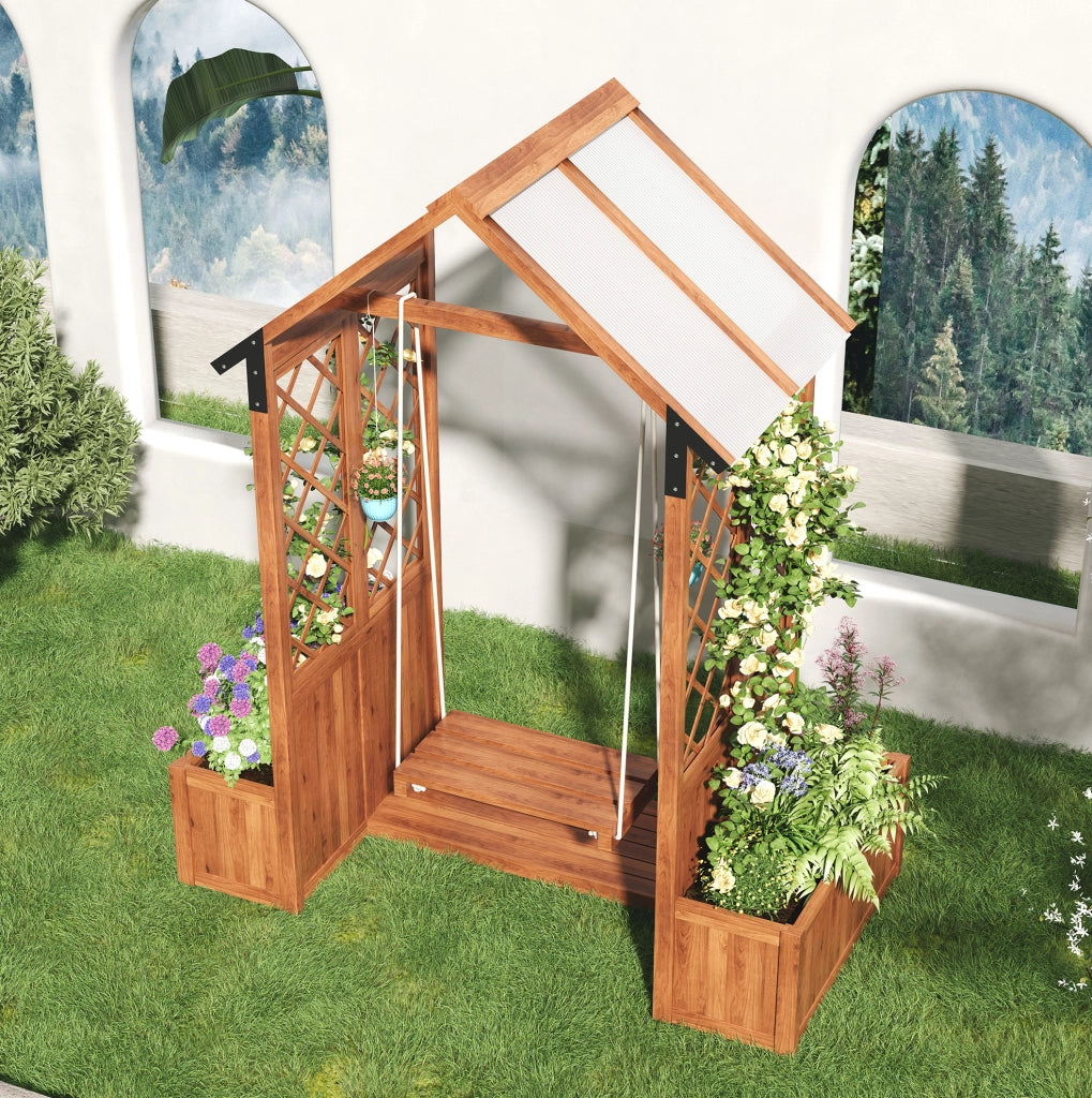 Vaso da giardino in legno massiccio di abete con pergola e tettoia in policarbonato, colore marrone, 163x142x70 cm
