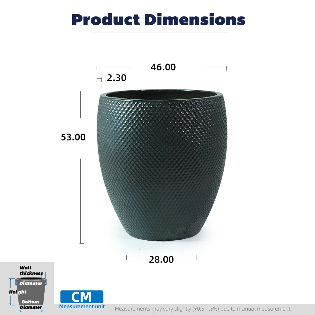 Vaso da fiori in ceramica Ø 46 cm alto 53 cm con rilievo a rombi verde scuro lucido per giardino e terrazza