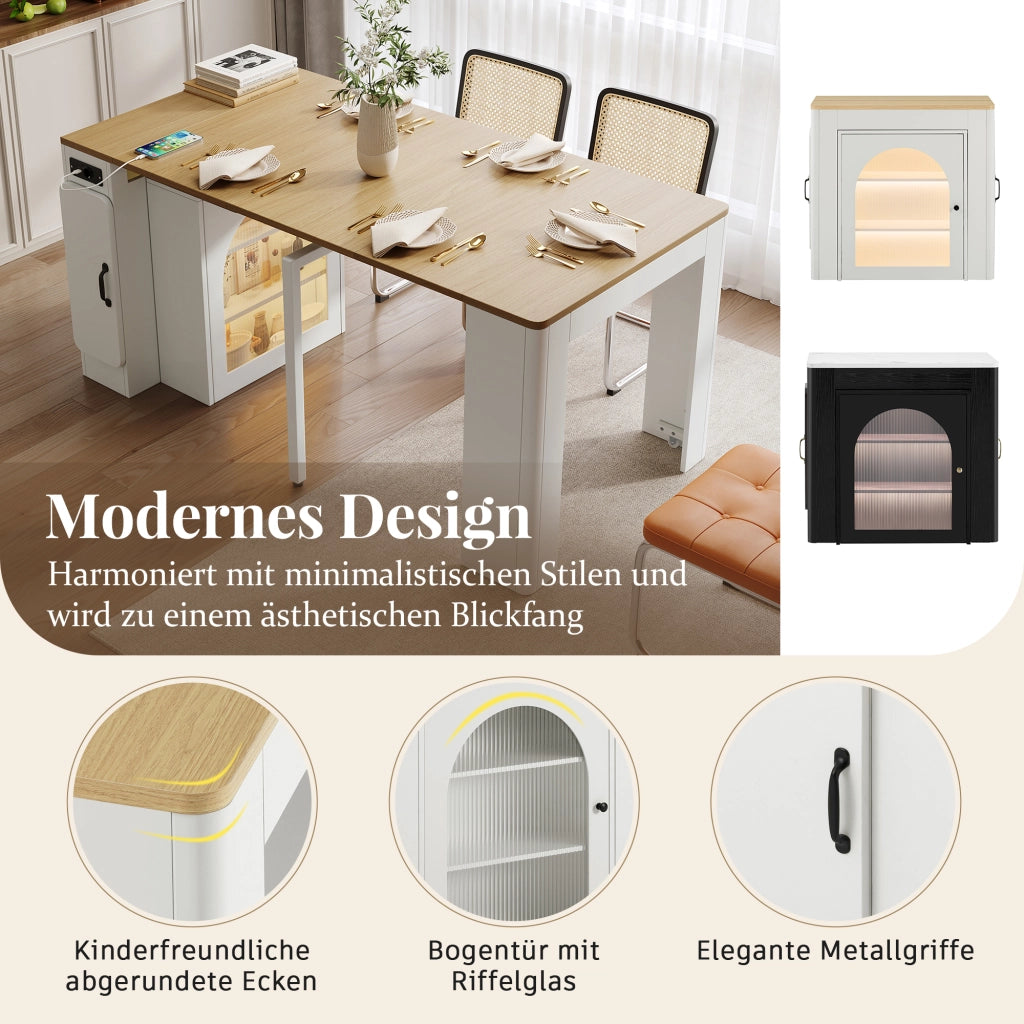 Tavolo allungabile con tre piani; ruote nascoste; prese USB e Type-C; MDF; naturale e bianco