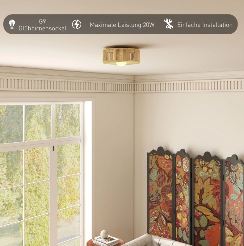 Lampada a soffitto Boho in spago di canapa con portalampada G9 LED, design rotondo Ø30 cm