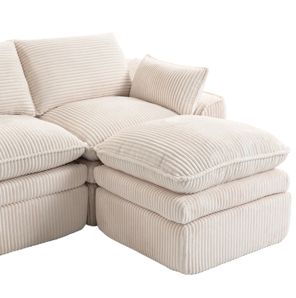Divano modulare in velluto a coste beige con tasche laterali e cuscini