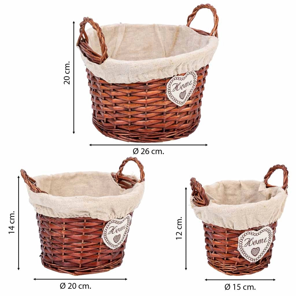 Set di 3 cestini in vimini foderati marroni