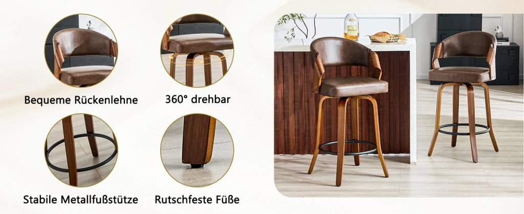 Set di 2 sgabelli da bar ULEVR con schienale, altezza seduta 66 cm, legno e similpelle marrone