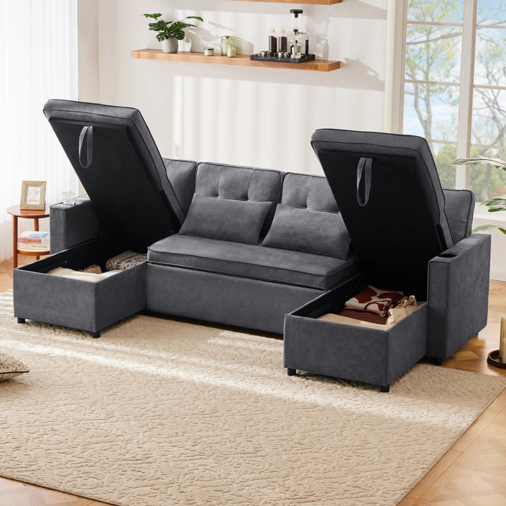 OKWISH Divano Letto Panoramico a U 4 Posti, con Contenitori, Portabicchieri e Tasche Laterali, Tessuto Cotone Lino Grigio