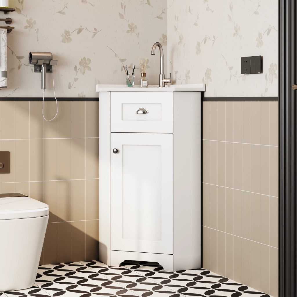 Mobile sottolavabo bagno a pavimento con lavabo in ceramica e vano contenitore, MDF bianco, 59 × 42,5 × 90,5 cm