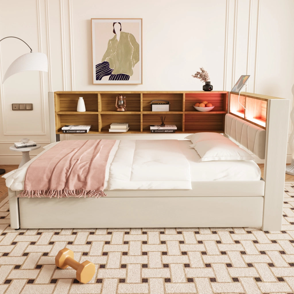 Divano letto 90x200 cm con letto estraibile 90x190 cm; LED; USB e Type-C; flanella beige