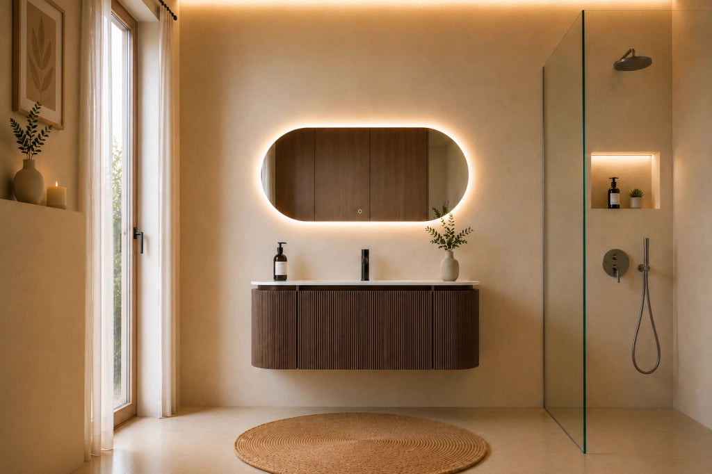 Limpido Design Base 120 cm Legno Noce Lavabo Specchio retro illuminato