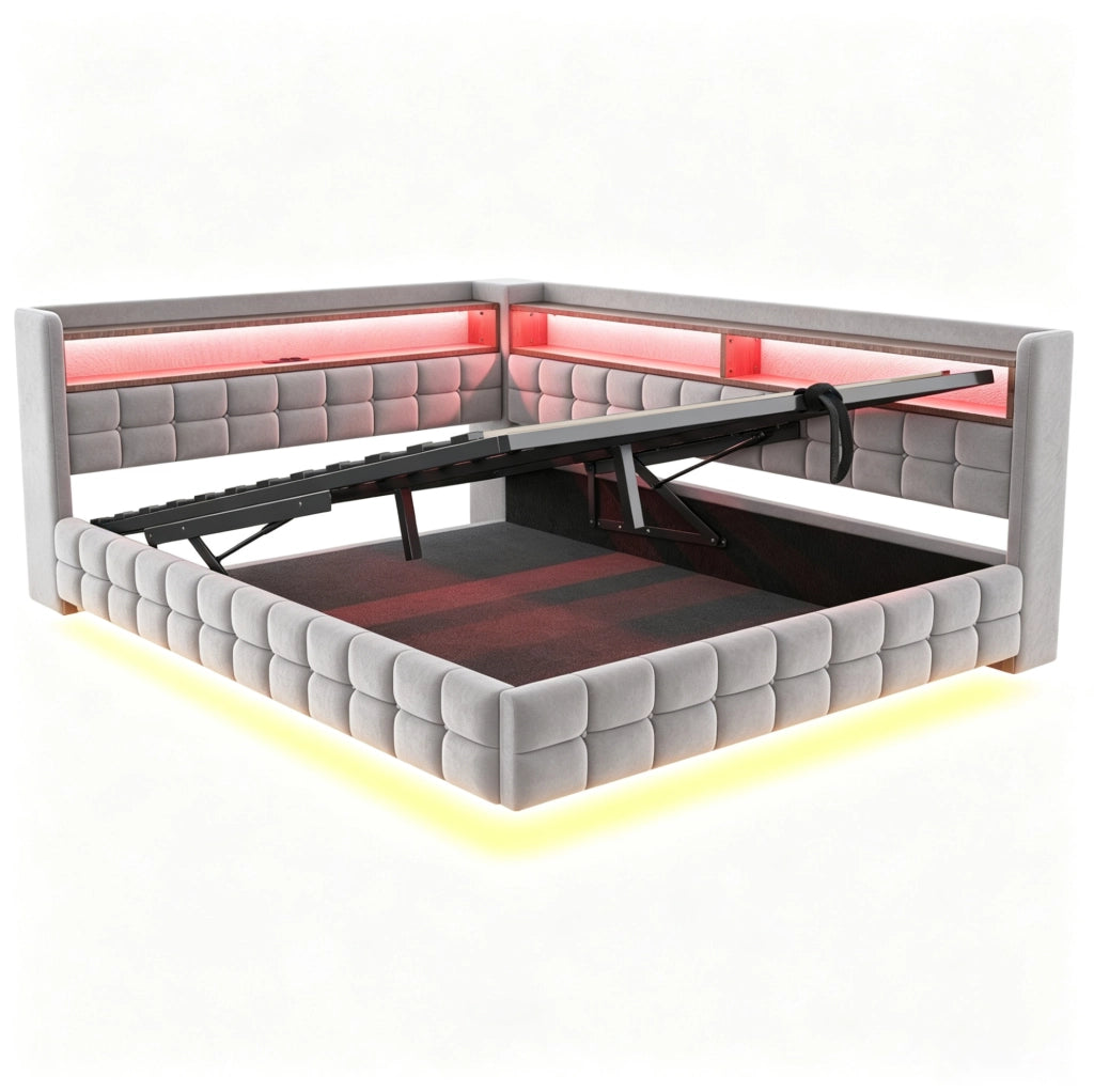 Divano letto 140x200 cm con vano idraulico, LED e ricarica USB/USB-C in velluto grigio chiaro