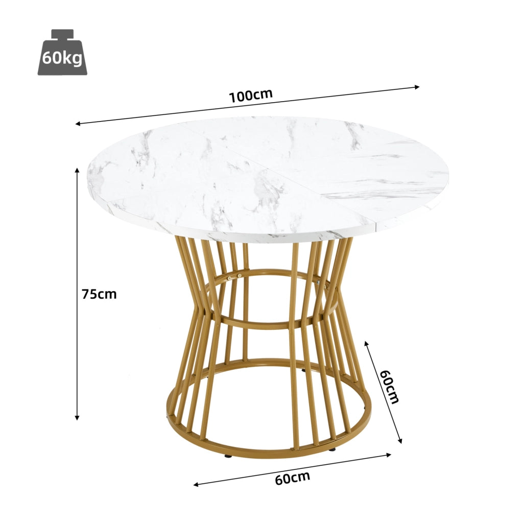 Set tavolo da pranzo rotondo con 4 sedie in velluto; ? 100 cm; piano MDF effetto marmo